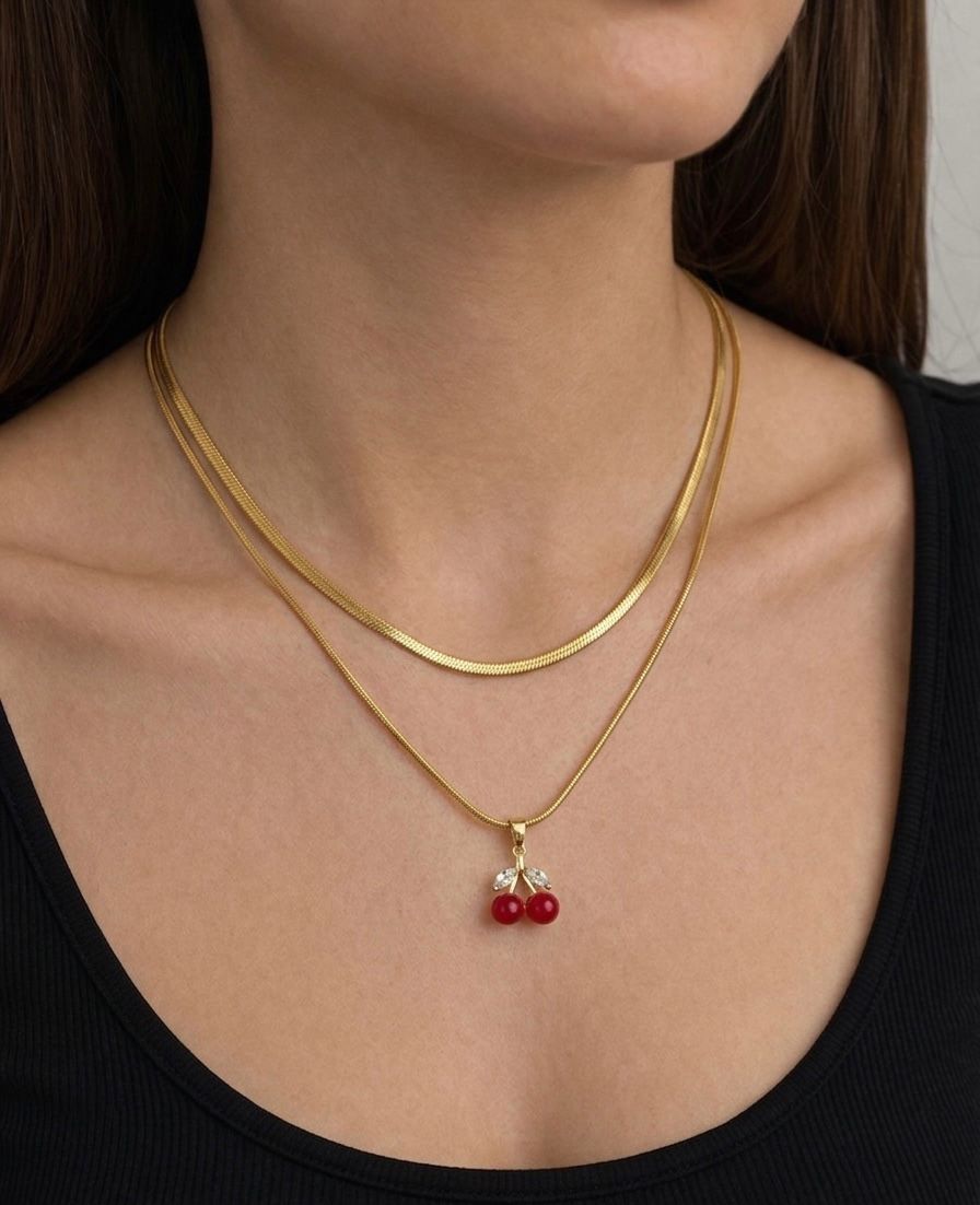 ÇELİK SARI İKİLİ KİRAZLI KOLYE