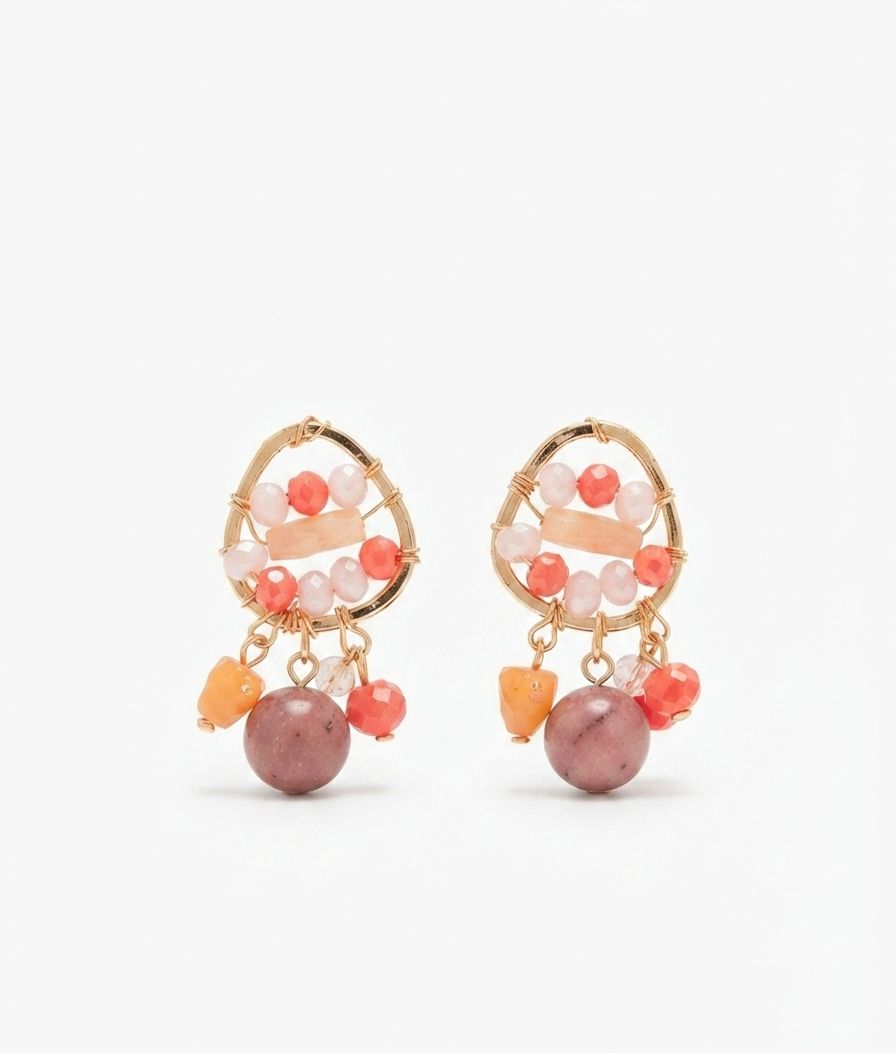 GOLD ÇERÇEVELİ PEMBE BONCUKLU KÜPE