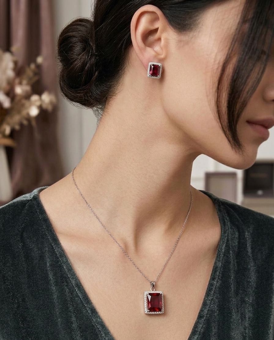 KIRMIZI DİKDÖRTGEN TAŞLI SET